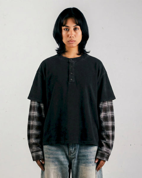 LOST PLAID LAYERED LONG SLEEVE – WASHED BLACK